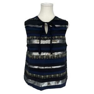 Adam Selman Blouse Fabric Tiered Metallic Embroidered Navy Silver‎ Medium